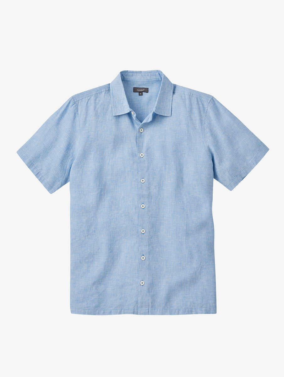 howies - Men's Stint Short Sleeved Linen Shirt / Blue Stripe