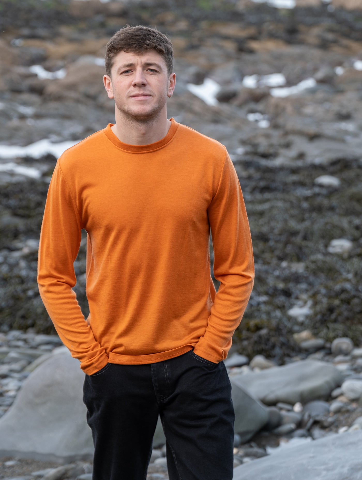 Men's Linen V-Neck Long Sleeve Shirt - Loose Fit, Lightweight, Raw Edge Casual Top (Orange, XXL) - View #7